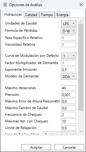 Diálogo Analysis Options con pestañas de configuración del motor EPANET