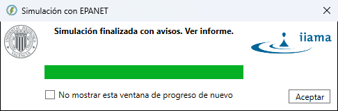 Diálogo de progreso de la simulación EPANET