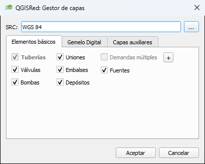 Diálogo del Gestor de capas de QGISRed