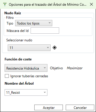 Diálogo Minimum Cost Tree con el nudo de origen ya seleccionado