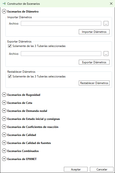 Diálogo Scenario builder con la tabla de parámetros de la red